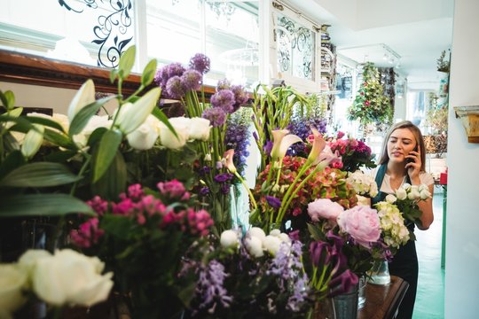 Female florist talking on mobile phone while arranging flowers