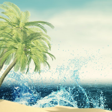 Palm, ocean waves and beach, abstract summer vacation background