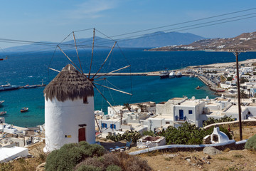 Amazing Panorama of white windmill and island of Mykonos, Cyclades, Greece