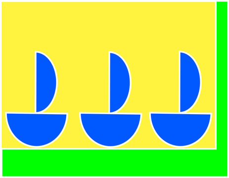 Tr&ecirc;s barcos azuis &agrave; vela sobre fundo verde e amarelo