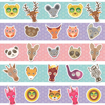 Set of funny animals muzzle seamless pattern with pink lilac blue stripes. Vector