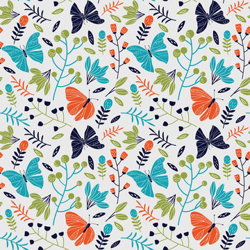 Seamless pattern made of flowers and butterflies