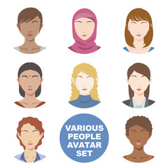 various races women avatar icon set, face as seen from the front, vector illustration