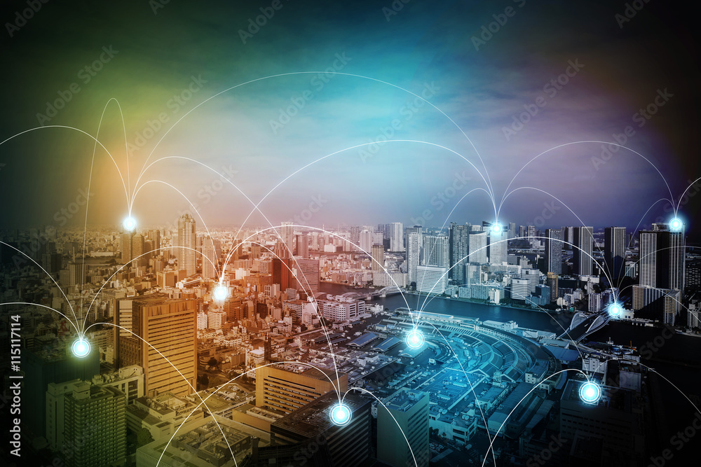 Poster modern cityscape and wireless sensor network, sensor node and connecting line, ICT(information communication technology), internet of things, abstract image visual