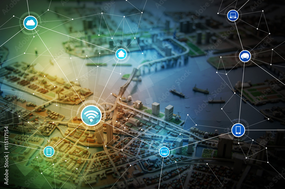 Poster smart city diorama and wireless communication network, abstract image visual, internet of things