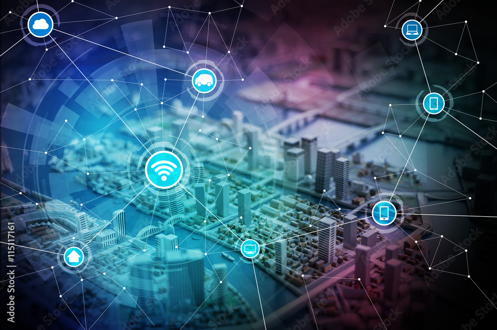 Poster smart city diorama and wireless communication network, abstract image visual, internet of things
