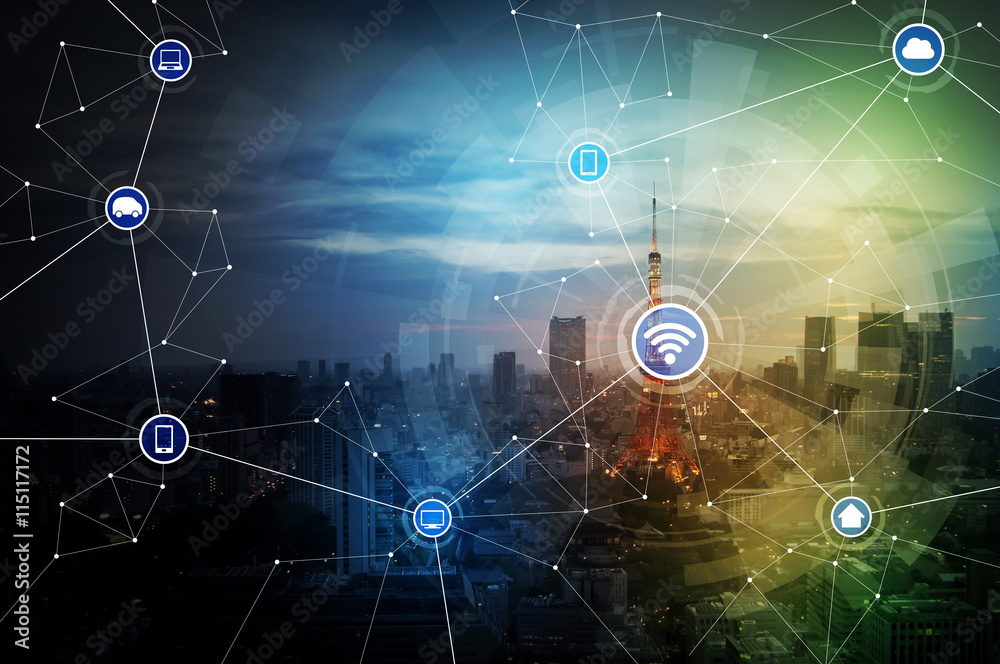 Poster smart city and wireless communication network, abstract image visual, internet of things