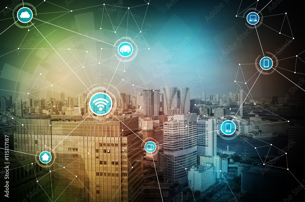 Poster smart city and wireless communication network, abstract image visual, internet of things