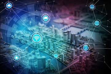 smart city diorama and wireless communication network, abstract image visual, internet of things