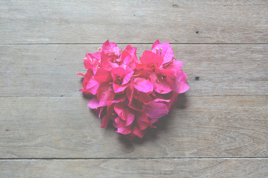Pink flower heart shape on wood background
