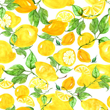      Watercolor pattern of tropical fruit - citrus,  lemons 