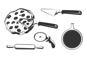 Vector elements for vintage pizza vector labels, logos, badges, emblems. Pizza for logo restaurant, illustration vintage italian pizza