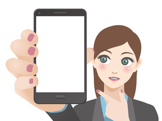 young woman holding smart phone and pointing screen, vector illustration