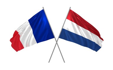 3d illustration of Netherlands and France flags together waving in the wind