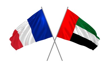 3d illustration of United Arab Emirates and France flags together waving in the wind