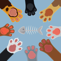 Cats cartoon paw set and fish bone. Vector illustration