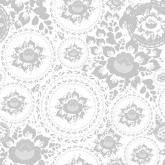 Vintage shabby Chic Seamless pattern with flowers and leaves Grey flowers on white background. Vector