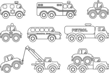 Coloring pages. Set of different silhouettes children toys transportation flat linear vector icons isolated on white background. Vector illustration.