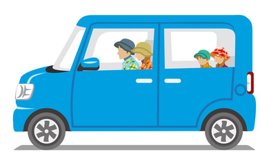 Autumn fashion Family riding the Blue car  - Isolated
