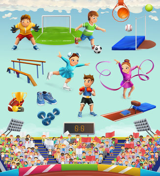 Sport, funny characters and objects, vector icon set