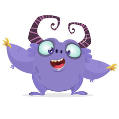 Vector cartoon purple monster with big horns. Halloween furry violet monster waving his hands. Monster game character 