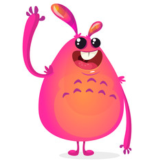 Vector cartoon alien sayes Hallo. Green slimy alien monster with tentacles. Happy Halloween green mosnter waving. Monster icon or logo. Cartoon monster with horns