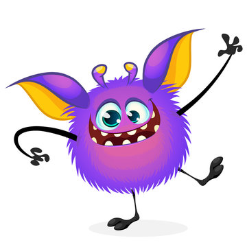 Vector cartoon Halloween monster waving. Furry purple round shaped monster with big ears dancing. Monster game character