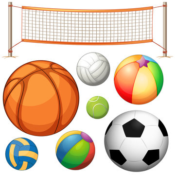 Set of different balls and net