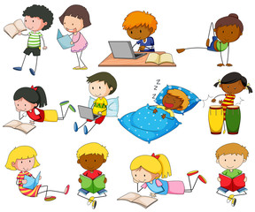 Set of boys and girls doing different activities