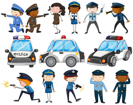 Set of police officers and cars