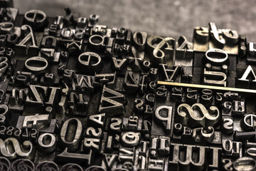 Historical letterpress types, also called as lead letters. These kind of letters were used in Gutenberg presses. These letters were the beginning of typography. And were used in typesetting - obrazy, fototapety, plakaty