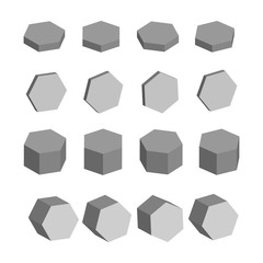 Hexagon. Monochrome set of geometric prism shapes - 115130559