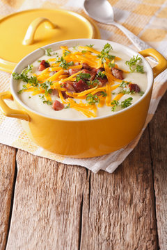 Potato puree soup with bacon and cheddar close-up in a pan. Vertical
