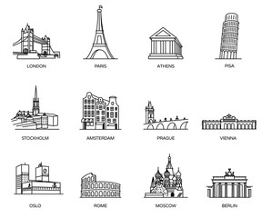 Old continent landmarks and favorite travel places in line icons style. - 115131332