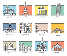 Europe landmarks and favorite travel destinations in line icons style and flat colour rectangle backgrounds.