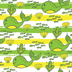 Summer seamless pattern with fish, whale and shell
