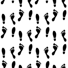 Black and white human feet prints seamless pattern, background