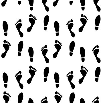 Black and white human feet prints seamless pattern, background