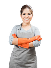 asian housewife wearing rubber gloves crossed arms