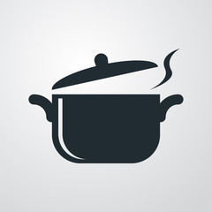 Icono plano olla con vapor sobre fondo degradado gris