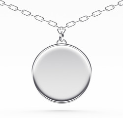 Silver blank round medallion or medal on a chain isolated on white background. 3D illustration