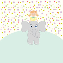 Elephant rolls a little girl. Vector art-illustration