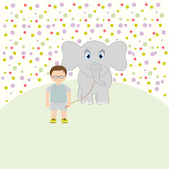 Little boy and the elephant. Happy baby. Vector art-illustration
