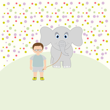 Little boy and the elephant. Happy baby. Vector art-illustration
