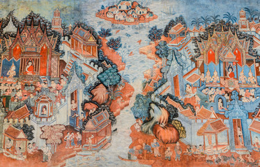 Obraz premium Ancient Buddhist temple mural painting in Thailand