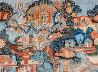 Ancient Buddhist temple mural painting of the life of Buddha in Thailand © boonsom