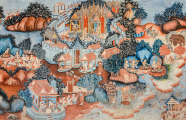 Ancient Buddhist temple mural painting of the life of Buddha in Thailand © boonsom