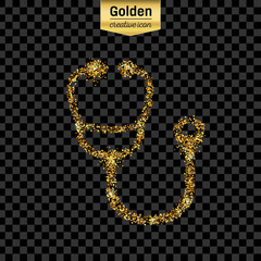 Gold glitter vector icon of Stethoscope isolated on background. Art creative concept illustration for web, glow light confetti, bright sequins, sparkle tinsel, abstract bling, shimmer dust, foil.