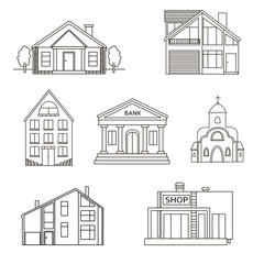 House. Building set with  Bank, Church, Shop. Drawing. Line