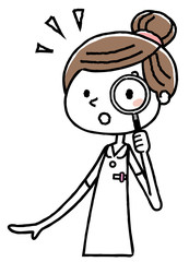 看護師の女性：　虫眼鏡で調べる
